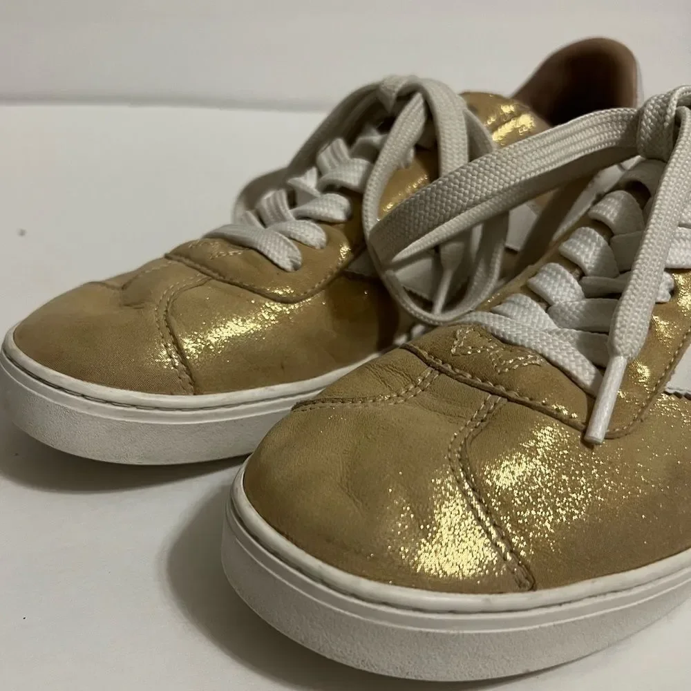 Stuart Weitzman Daryl Metallic Leather Sneakers Gold And White Size 7